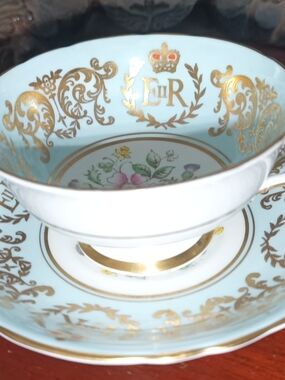 Paragon 1953 Coronation Teacup Saucer Set: Duck Egg Blue Gold Filigree